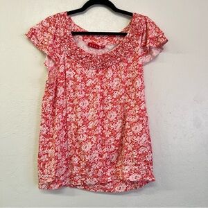Elle‎ Orange White Flowy Flutter Sleeve Gathered Neckline Banded Blouse Sz L EUC